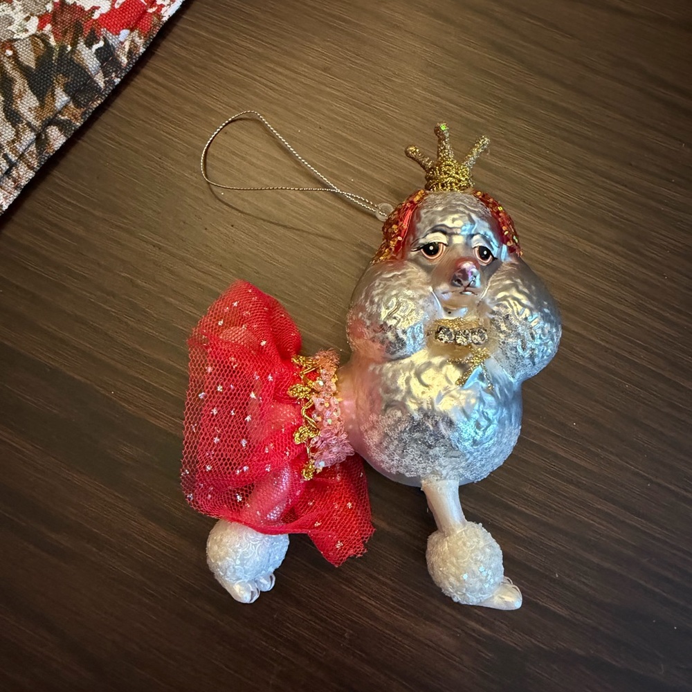 Silver and Red Poodle Ornament